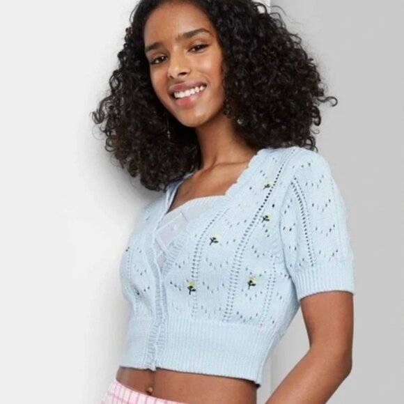 Wild Fable Light Blue Cropped Floral Eyelet Cardigan Size Medium - Picture 1 of 6